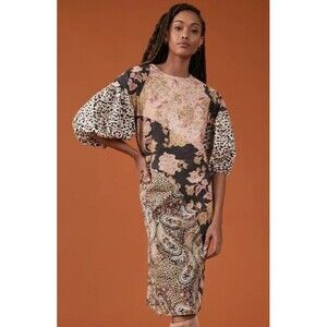 Anthropologie Kachel Evangeline Midi Contrast motif Dress Cotton Sz 8